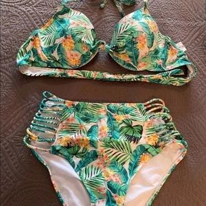 Green Floral High Waisted Bikini